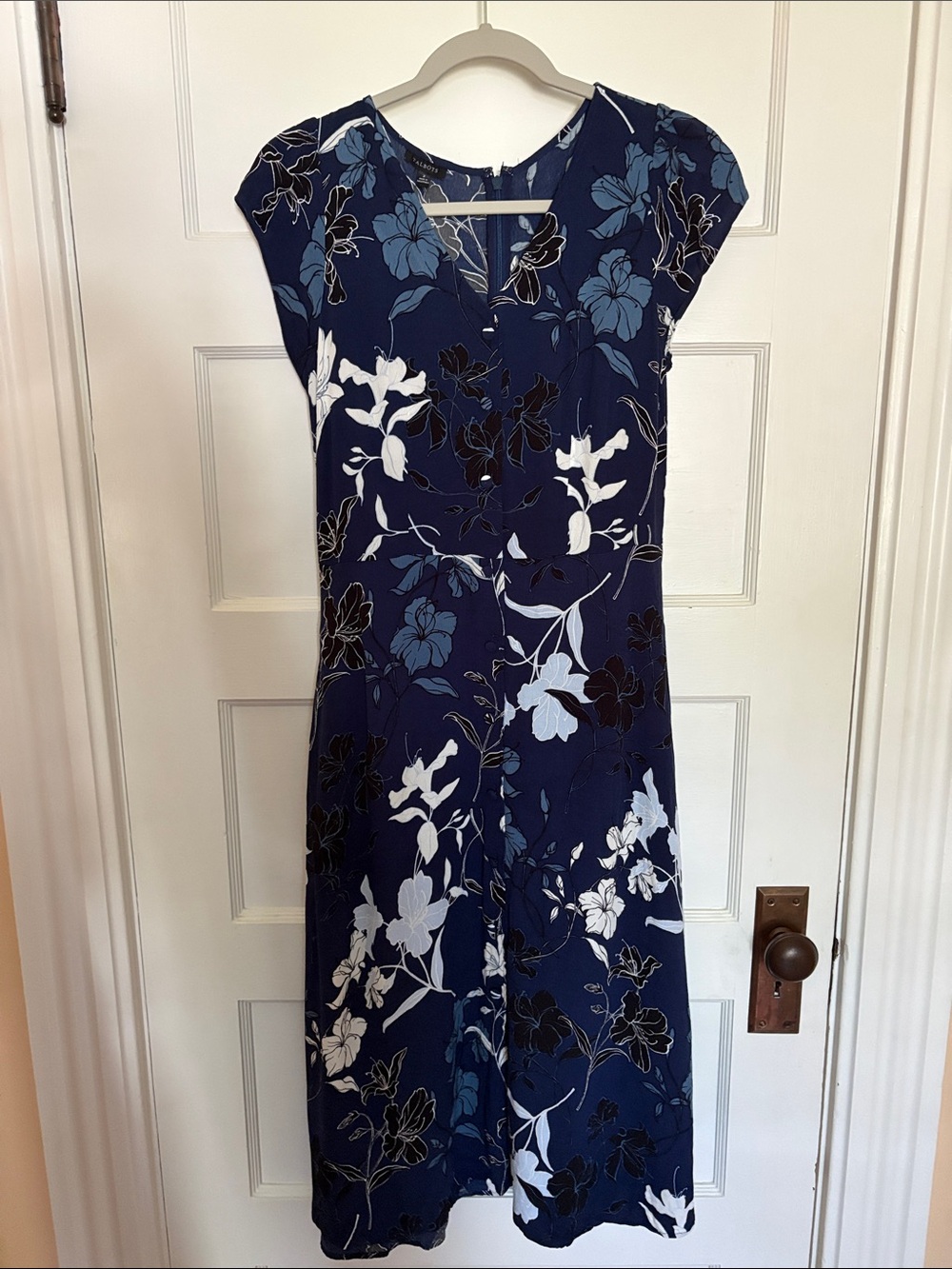 Talbots Navy Floral Midi Dress with Cap Sleeves. Size 2 but see measurements.